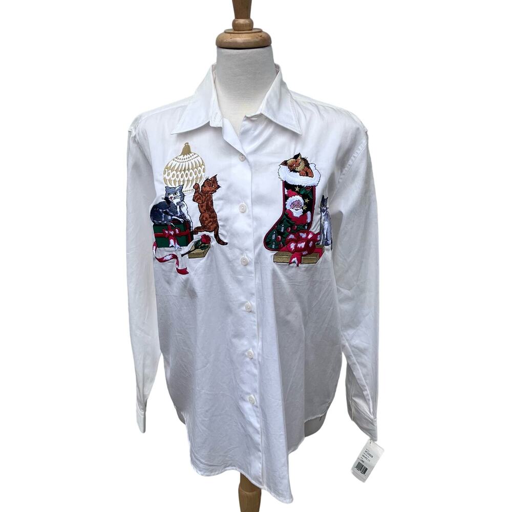 VTG Rafaella Shirt Sz L Cute Cats Holiday Christmas White Embroidered Button‎ Up